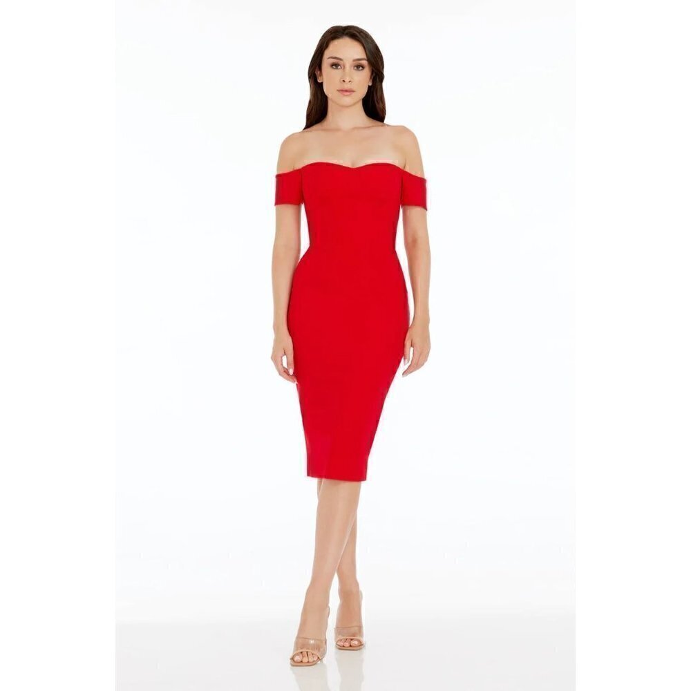 DRESS THE POPULATION Bailey Off the Shoulder Body-Con Dress in Rouge X-Small